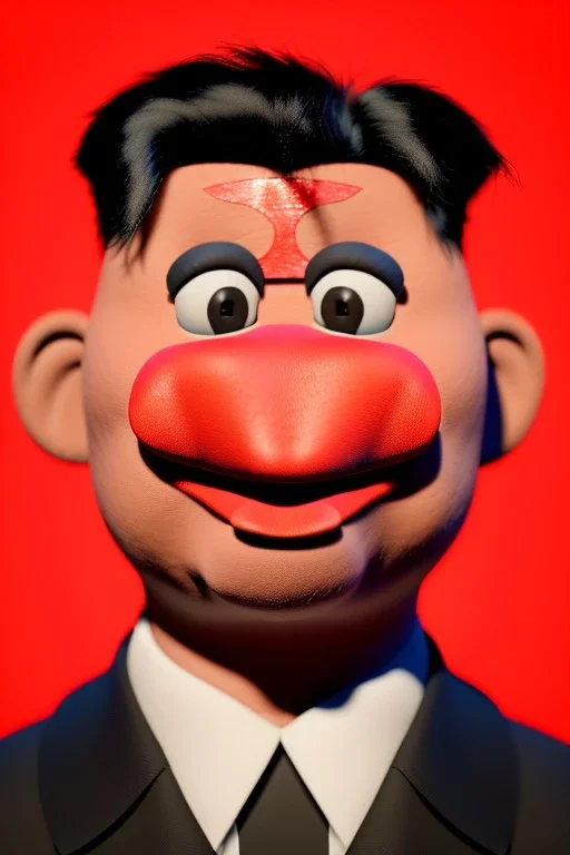 Waist up muppet Portrait, Kim Jong-un muppet doll, black suit, photo studio, red background, unreal engine 5, concept art, art station, god lights, ray tracing, RTX, lumen lighting, ultra detail, volumetric lighting, 3d.