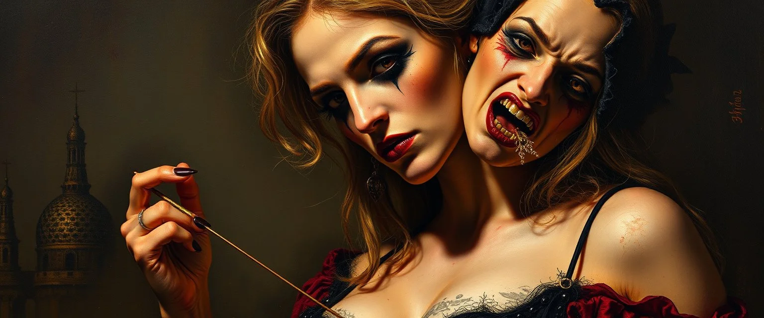 pin hole cam, master oil painting by Rembrandt, good afternoon bitch scary hot seductive female vampire stylistic poster
