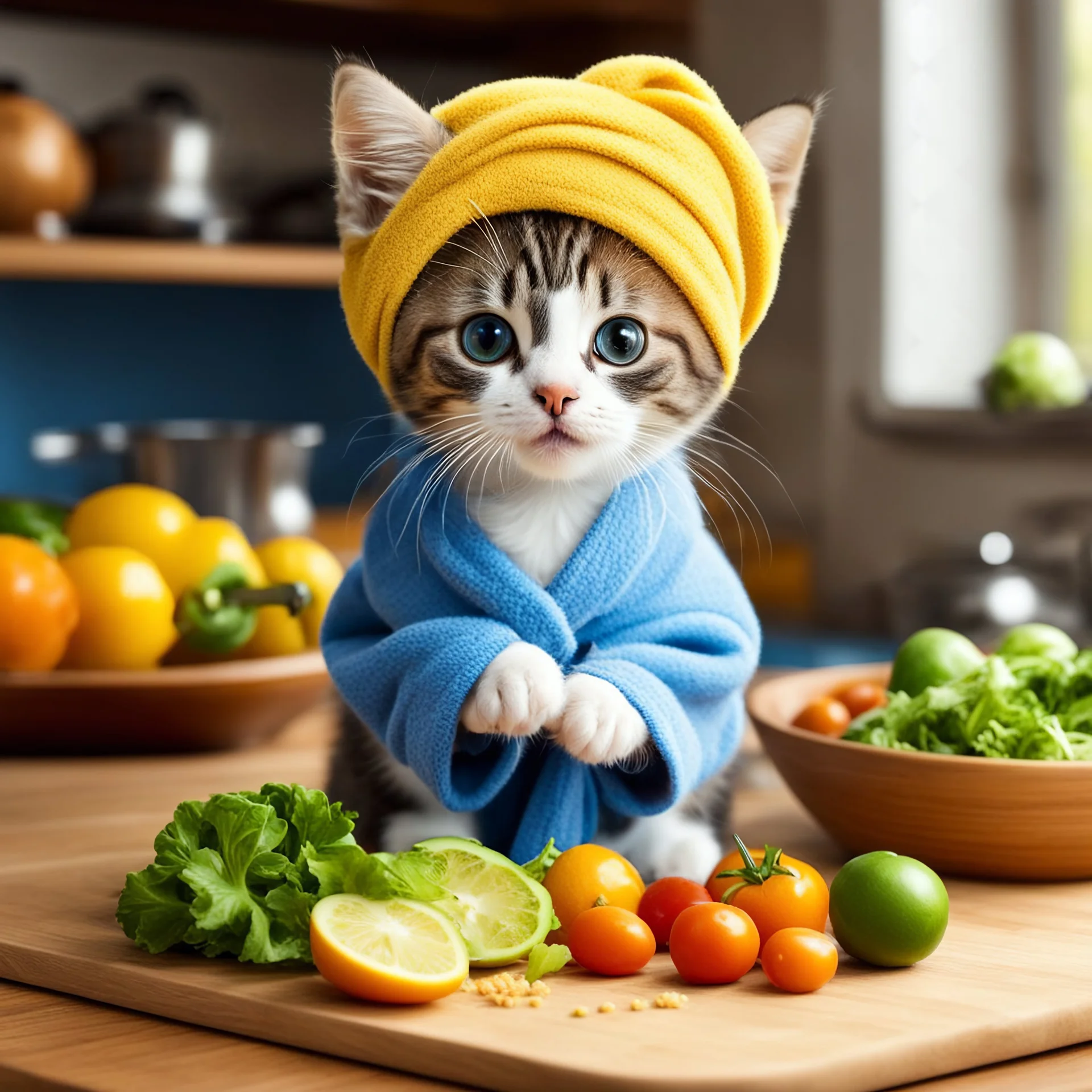 A cute playful kitten with a cute smiling face and eyes, dressed in a blue terry robe and a turban made of a yellow towel on her head: She is chopping vegetables for salad on a cutting board. Realistic photography, intricate details, playful image