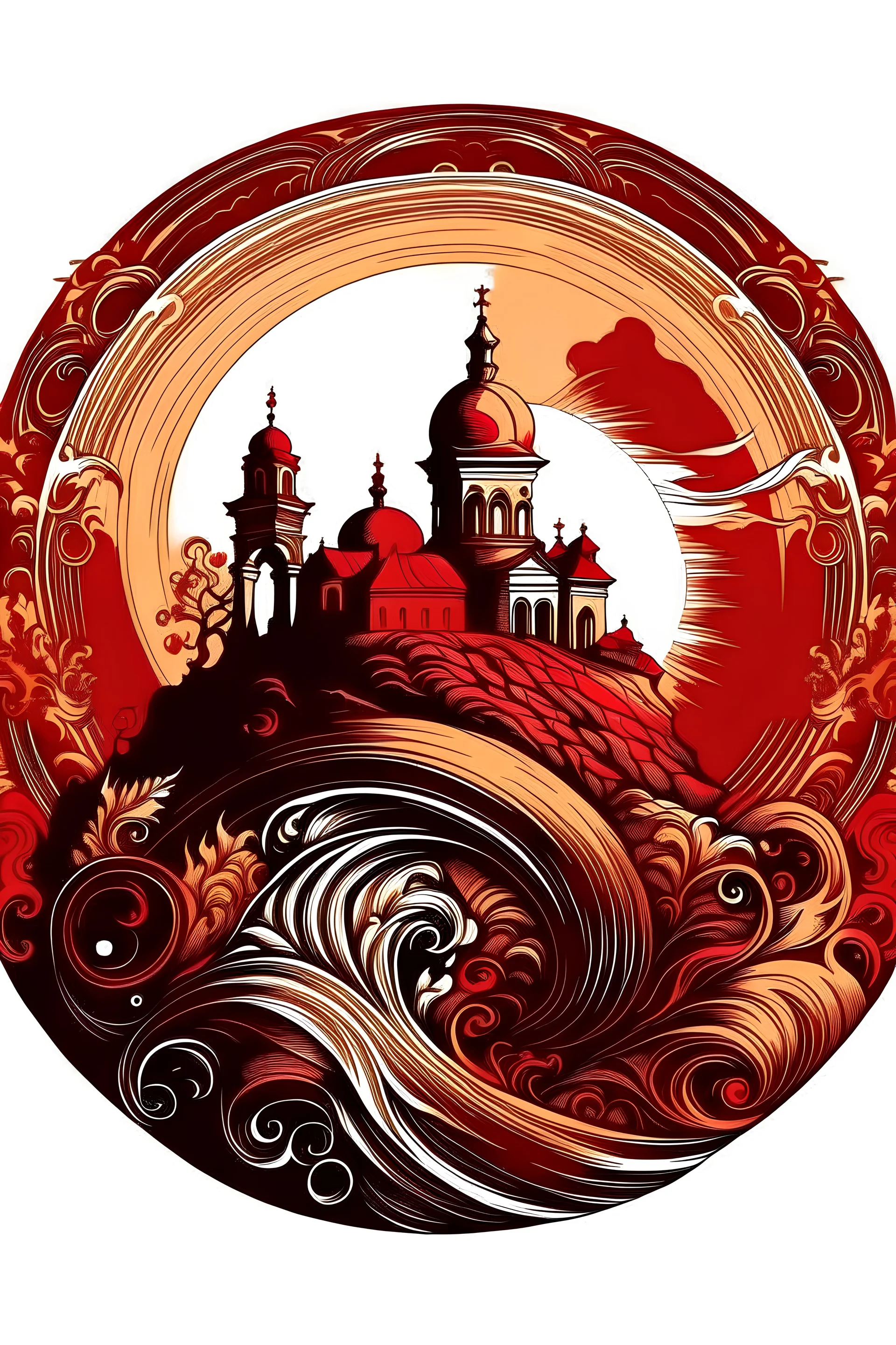 sun on the hill in brown and red on a white background in baroque style