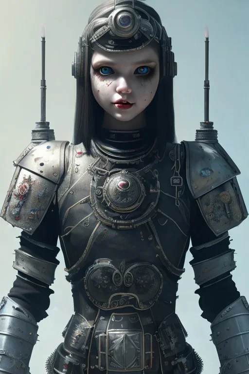 Gaspunk Wednesday Adams, in a black knight armour,a beautiful full frame portrait digital painting of futuristic, wide angle view, close-up, macro lens, centered camera, titanium accents, intricate details, small minutiae, tiny features, particulars, colorful, 8k, least ambient occlusion, volumetric lighting, volumetric clouds