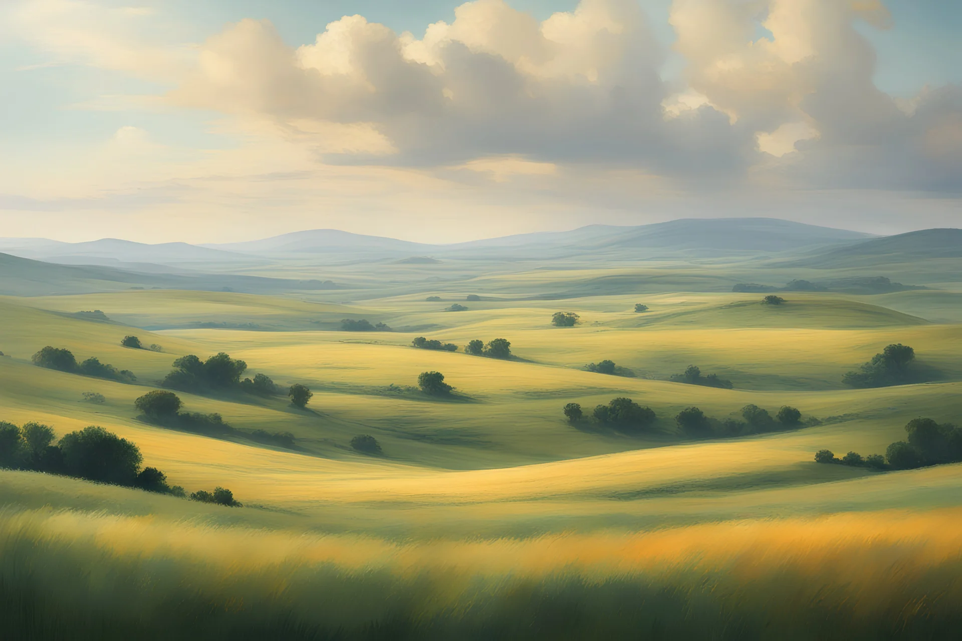 the plains and hills in summer. like oil painting