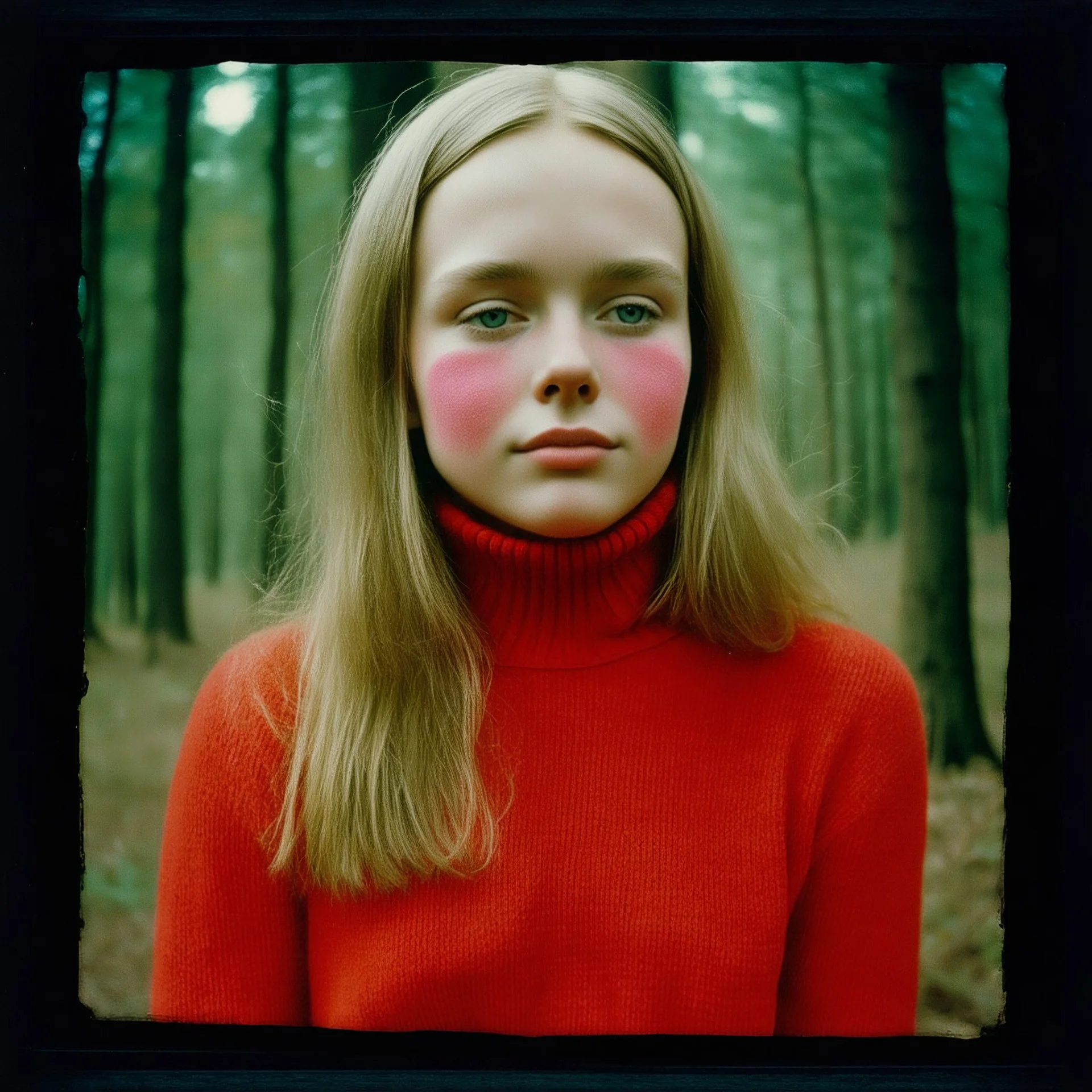 1970, old damaged Autochrome photo with black frame, Young Singer Michelle Phillips , in the dark woods; red turtleneck sweaters, close up, rosy cheeks