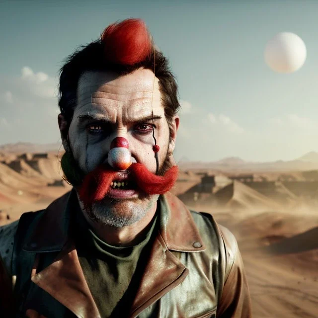 Ultra realistic mad max scene. clown sweet man, color fog, waist up view, Wes Anderson style, happy, highly detailed, concept art, unreal engine 5, god rays, ray tracing, RTX, lumen lighting, ultra detail, volumetric lighting, 3d, finely drawn, high definition, high resolution.