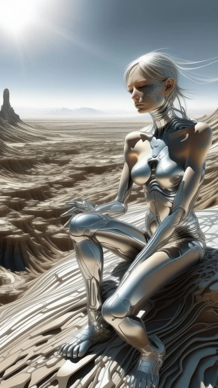 Digital photography by Sorayama of a person surround by a digital landscape.