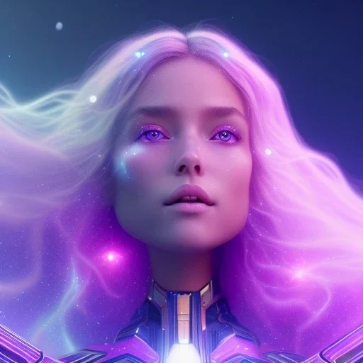 A portrait of a crystalline girl,smiling, longs blond hairs, galactic costume, atmospheric, realistic, cinematic lighting, octane render, purple and blue sky, nebula, stars, planets, spaceship