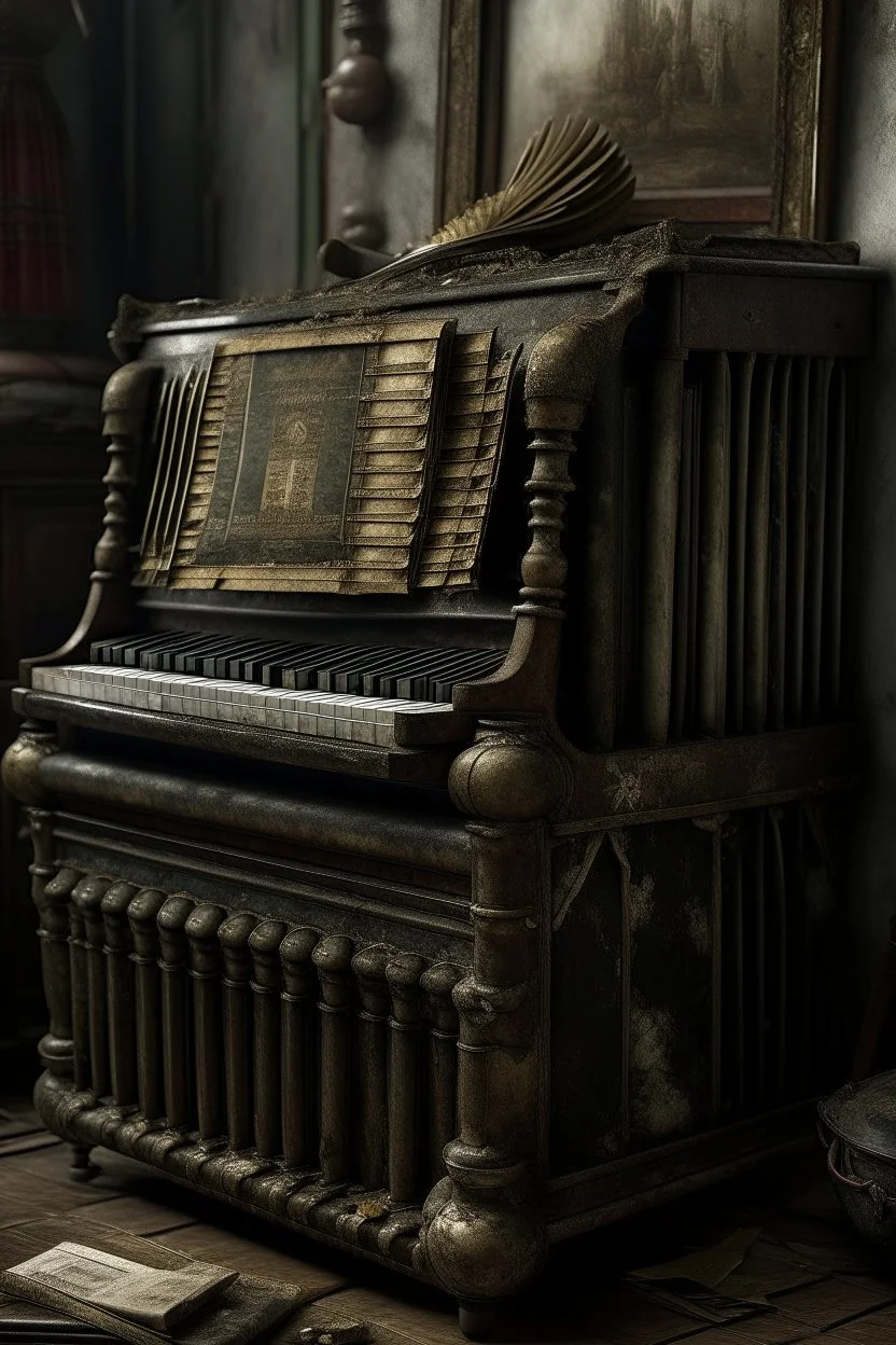 "A very old paints cracked dirty abandoned Accordion, insanely detailed octane render trending on artstation, 8k artistic photography, photorealistic concept art, soft natural volumetric cinematic perfect light, chiaroscuro, award-winning photograph, masterpiece, oil on canvas, Raphael, Caravaggio, Greg Rutkowski, people, beksinski, Giger
