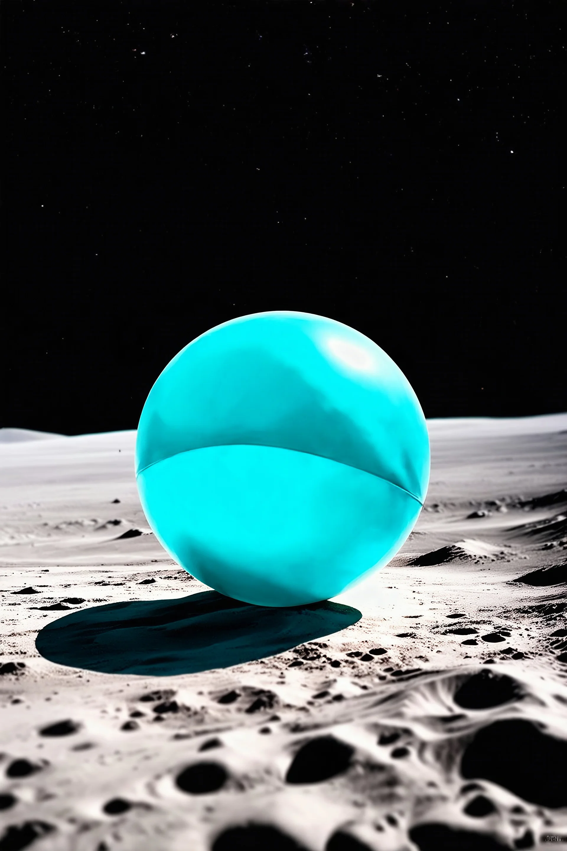 Turquoise glassy beach ball, on the moon, old kodachrome, scratches, bokeh