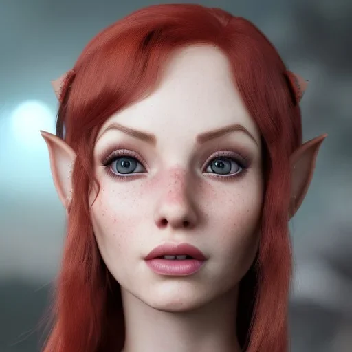 female red elf, elf portrait, portrair, elf head, elf face, big eyes, smile, elf with makeup, happy, 8k resolution, high-quality, fine-detail, fantasy, incredibly detailed, ultra high resolution, 8k, complex 3d render, cinema 4d