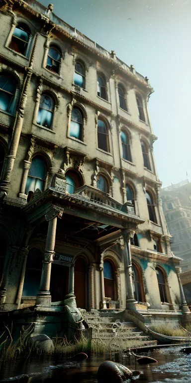 abandoned grand building near ocean, windows missing, 8k resolution, high-quality, fine-detail, intricate, baroque, detailed matte, digital art, volumetric lighting, illustration, 3D octane render, brian froud, howard lyon, selina french, anna dittmann, annie stokes, lisa parker, greg rutowski