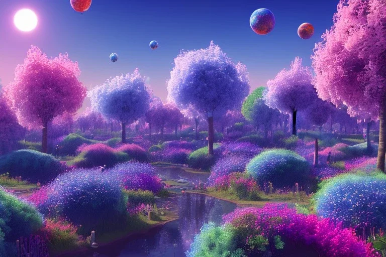 monde en fleurs bleu pink fuksia, concept art, crépuscule , trees bleu pink violet oranger, vibrant Color, réaliste