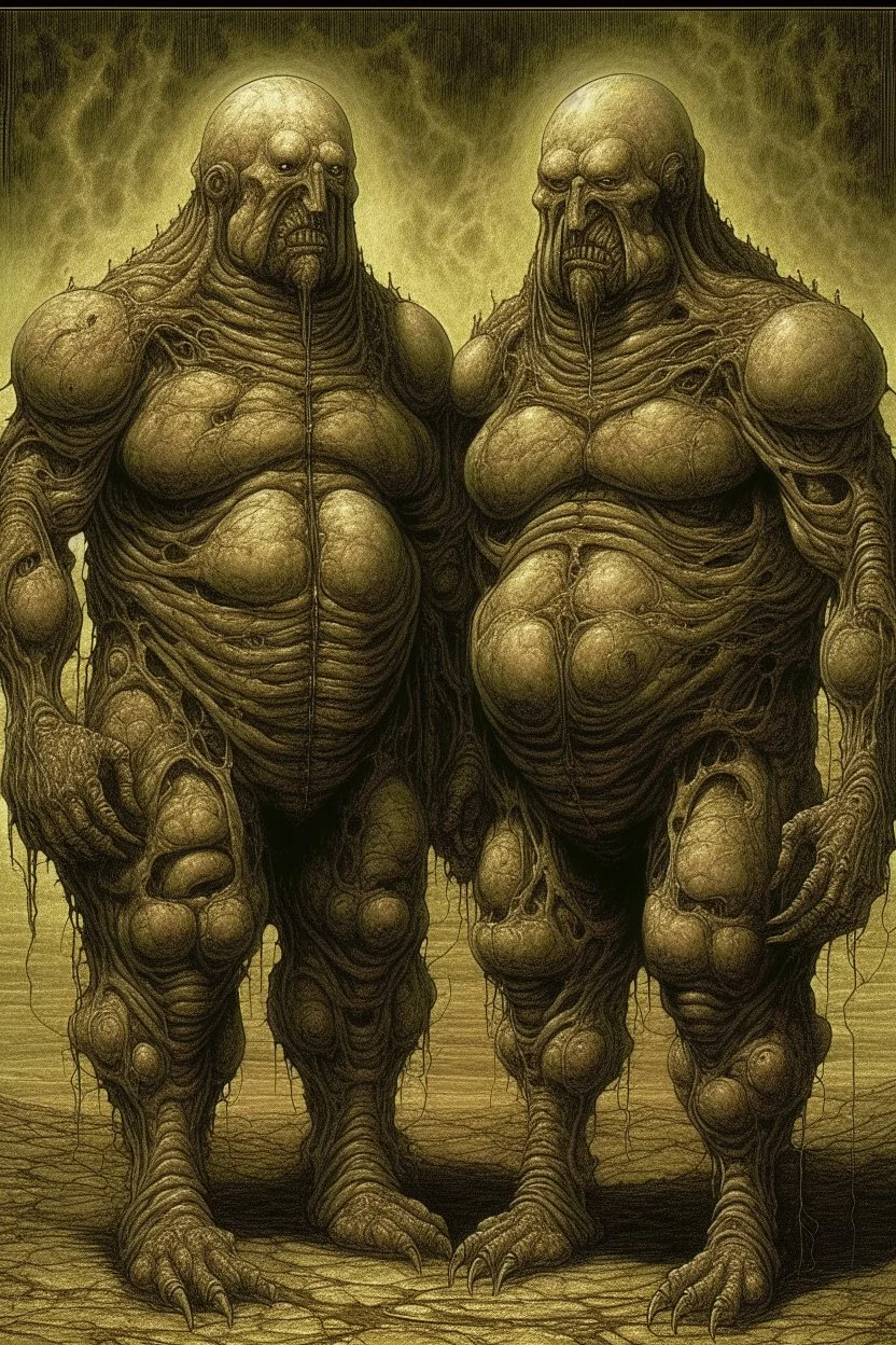 The full bodies of two fat old men , holding their heads on each other shoulders , front view camera, decayed and rotting with grotesque proportions and imagery. surreal horror, biomechanical design, by hr giger and beksinski , fine lines draw