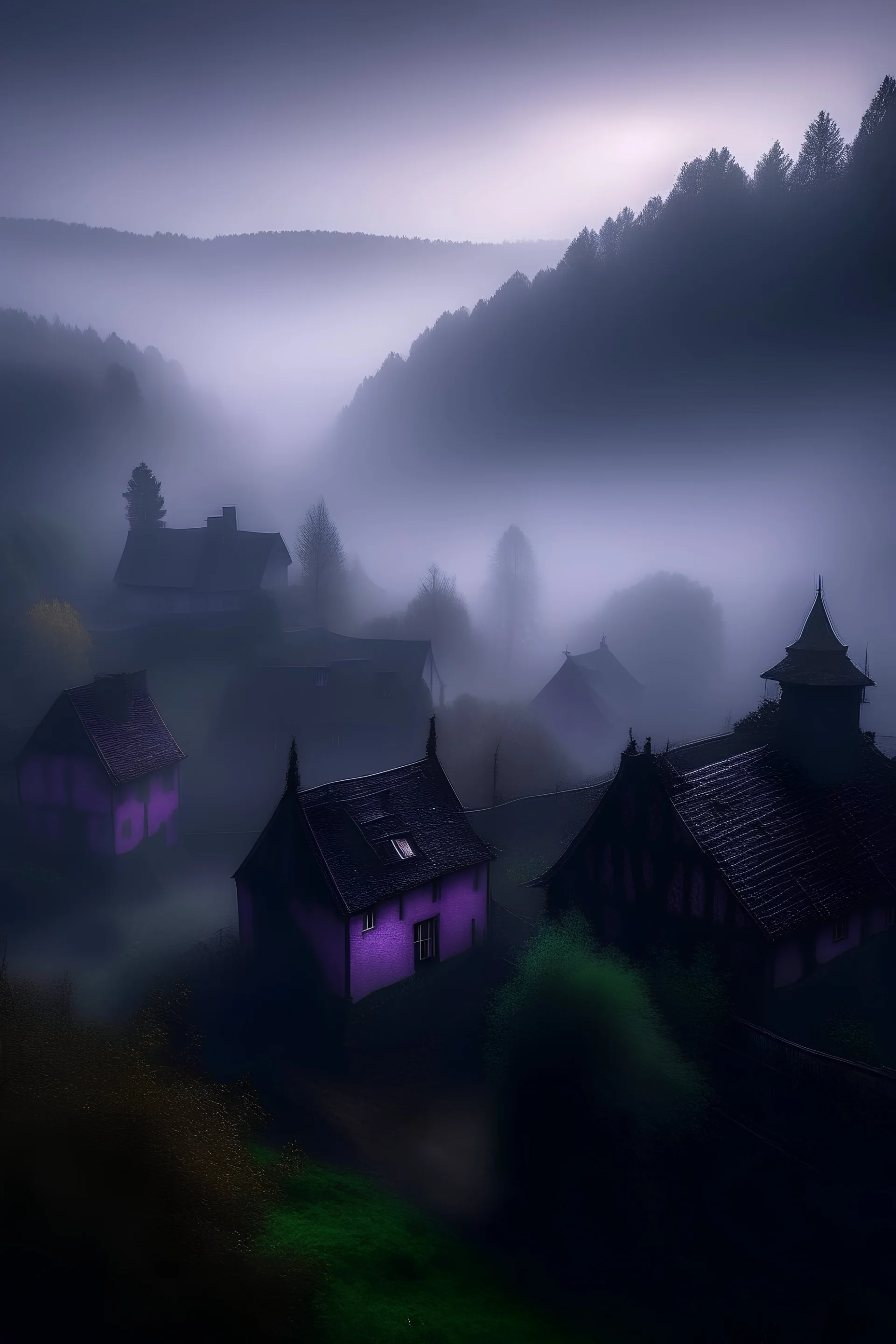 A medieval town in the middle of a dark forest. Fog covers the land. Clumps of purple moss grow on the buildings