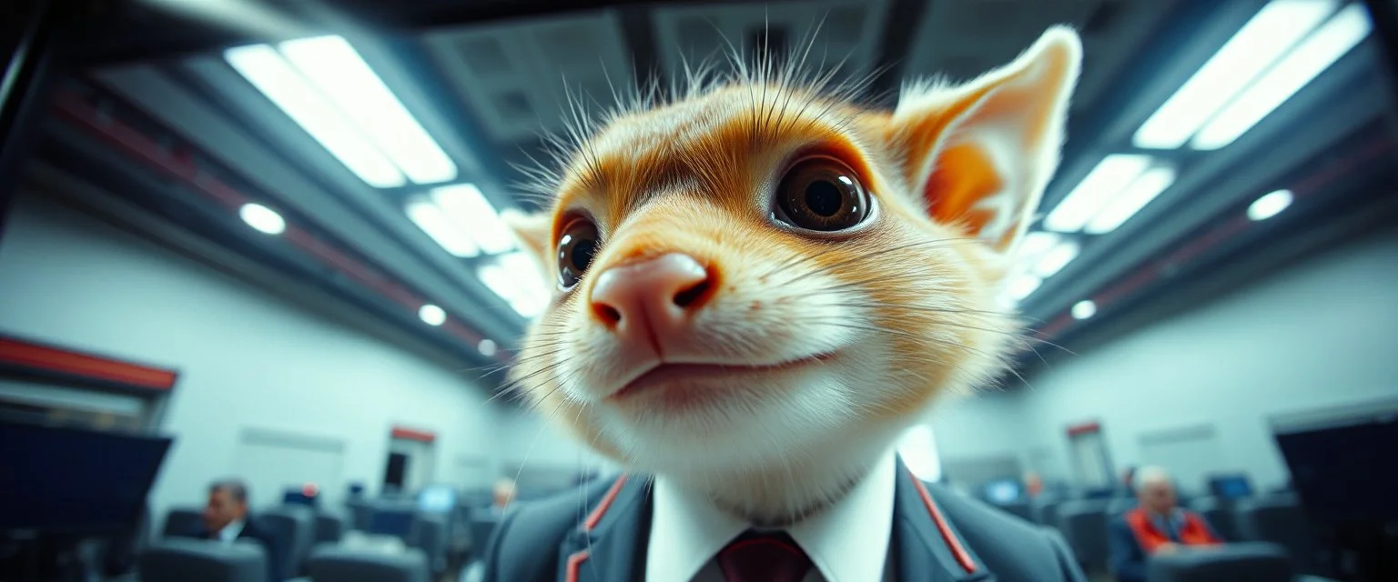 extreme close up on cheeky fluffy weasel news anchor elf family scumbag in the style of Escher and Giger and Fallout 4, pinhole cam, airbrush 3d rendering, on tv screen:A five-second cinematic single take in a clean industrial presentation hall.