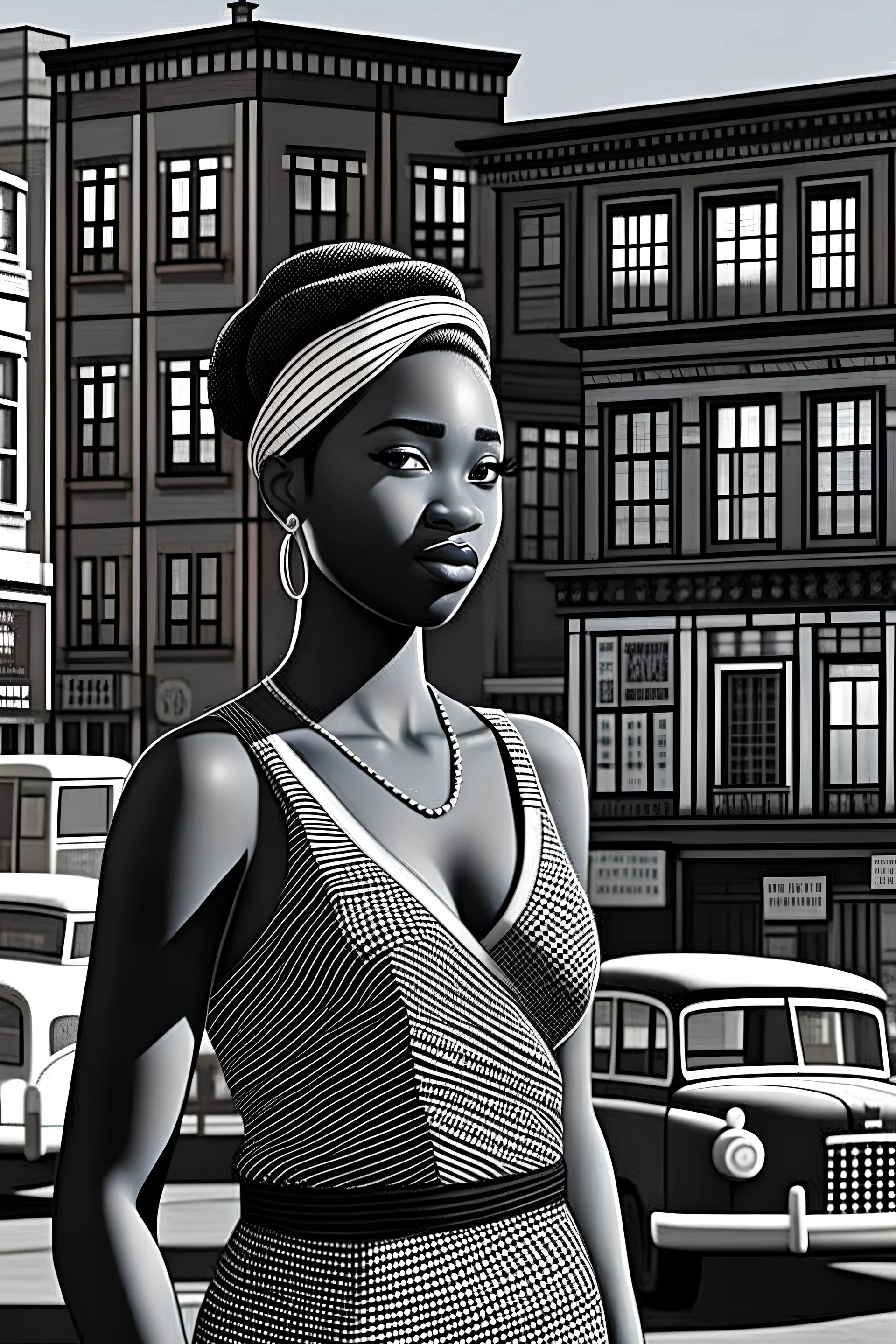 african city, noir character, black and white, 4k, realistic, 1930s style