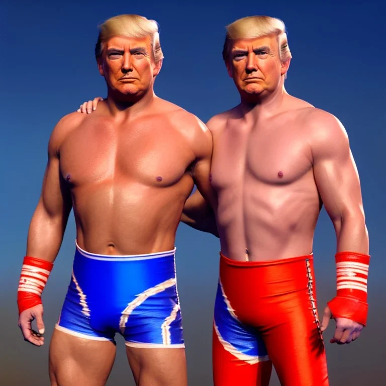 Realistic image of Donald trump wrestler, Mexican wrestling style, Mexican wrestling eyes mask, red and blue breeches, glow confederate flag dress, suspenders, retro style, 80s, vibrant color, highly detailed, sky background, concept art, unreal engine 5, god rays, ray tracing, RTX, lumen lighting, ultra detail, volumetric lighting, 3d, finely drawn, high definition, high resolution.