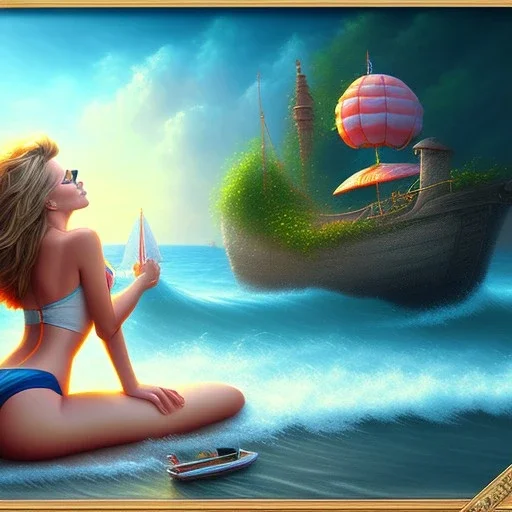 beach with boat, girl wings and dog, fantasy art, movie poster, framed