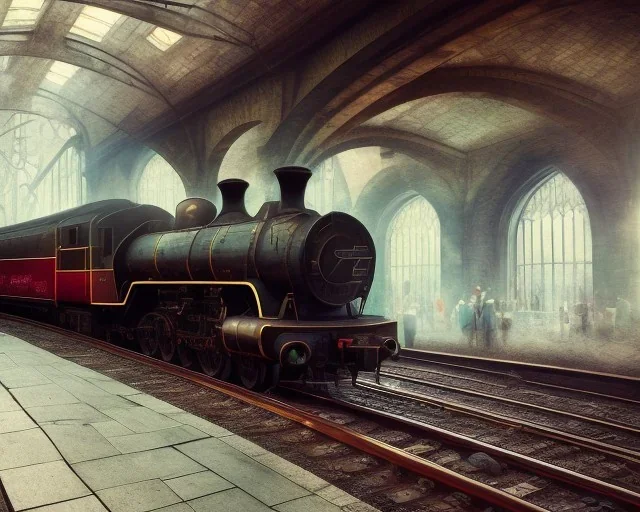 landscape of a vintage train pulling into a station, hogwarts express, platfrom 9 3/4, dynamic lighting, dynamic movement, DSLR, panorama, wide-angle lens, perspective