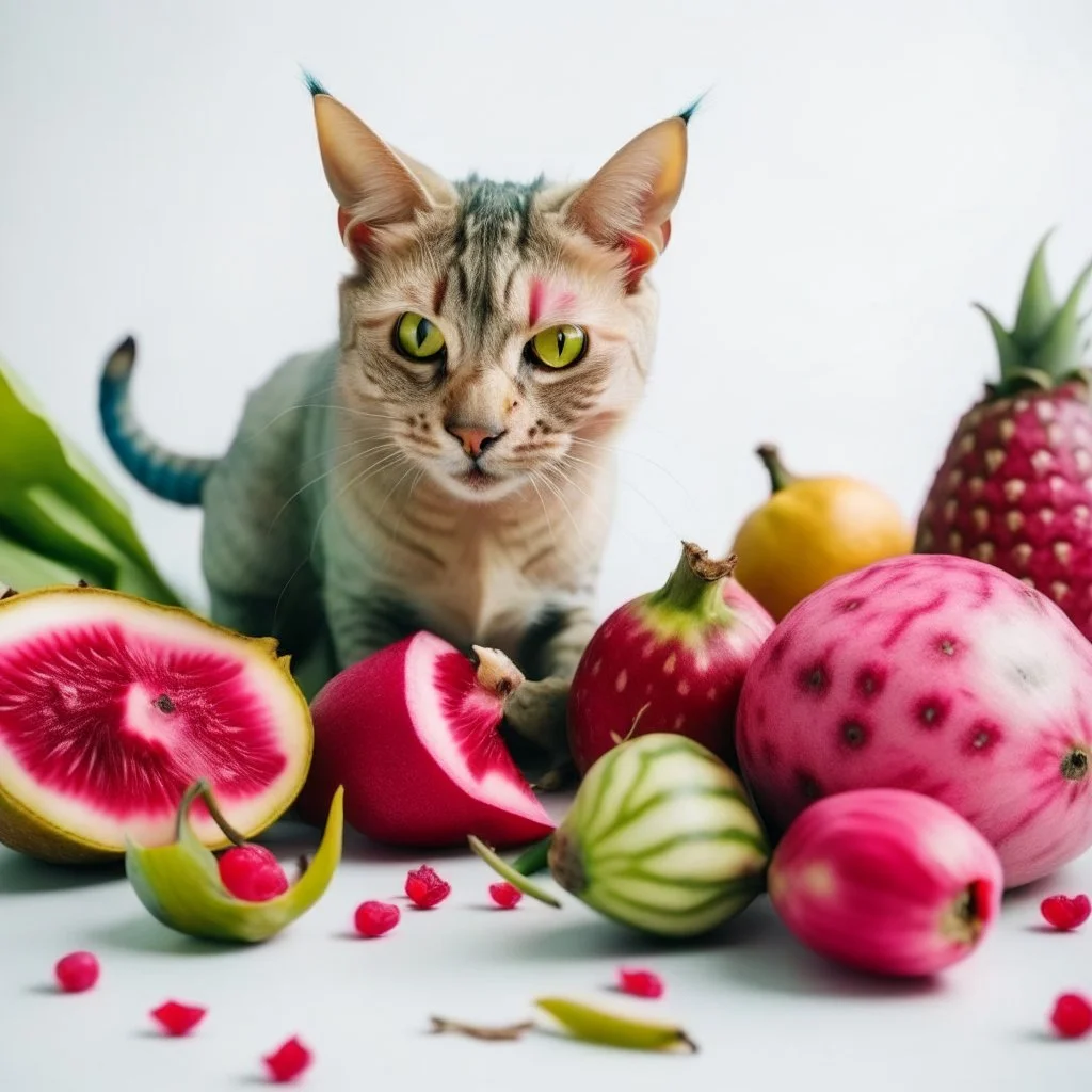 A cat surrounded by dragon fruits on a light background for removal