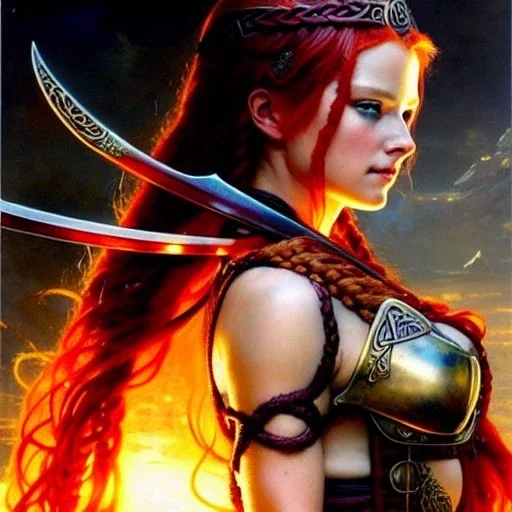 portrait 'beautiful Sexy busty Redhead Sif',Braids,horned helmet, celtic tattoed,painting by gaston bussiere, greg rutkowski, yoji shinkawa, yoshitaka amano, tsutomu nihei, donato giancola, tim hildebrandt, oil on canvas, cinematic composition, extreme detail,fit full head inside picture,32k