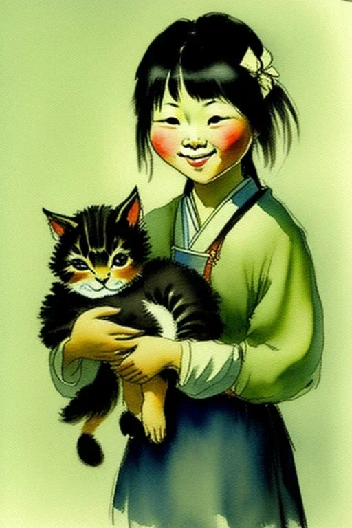 A cute smiling asian girl is holding a kitten. Watercolour