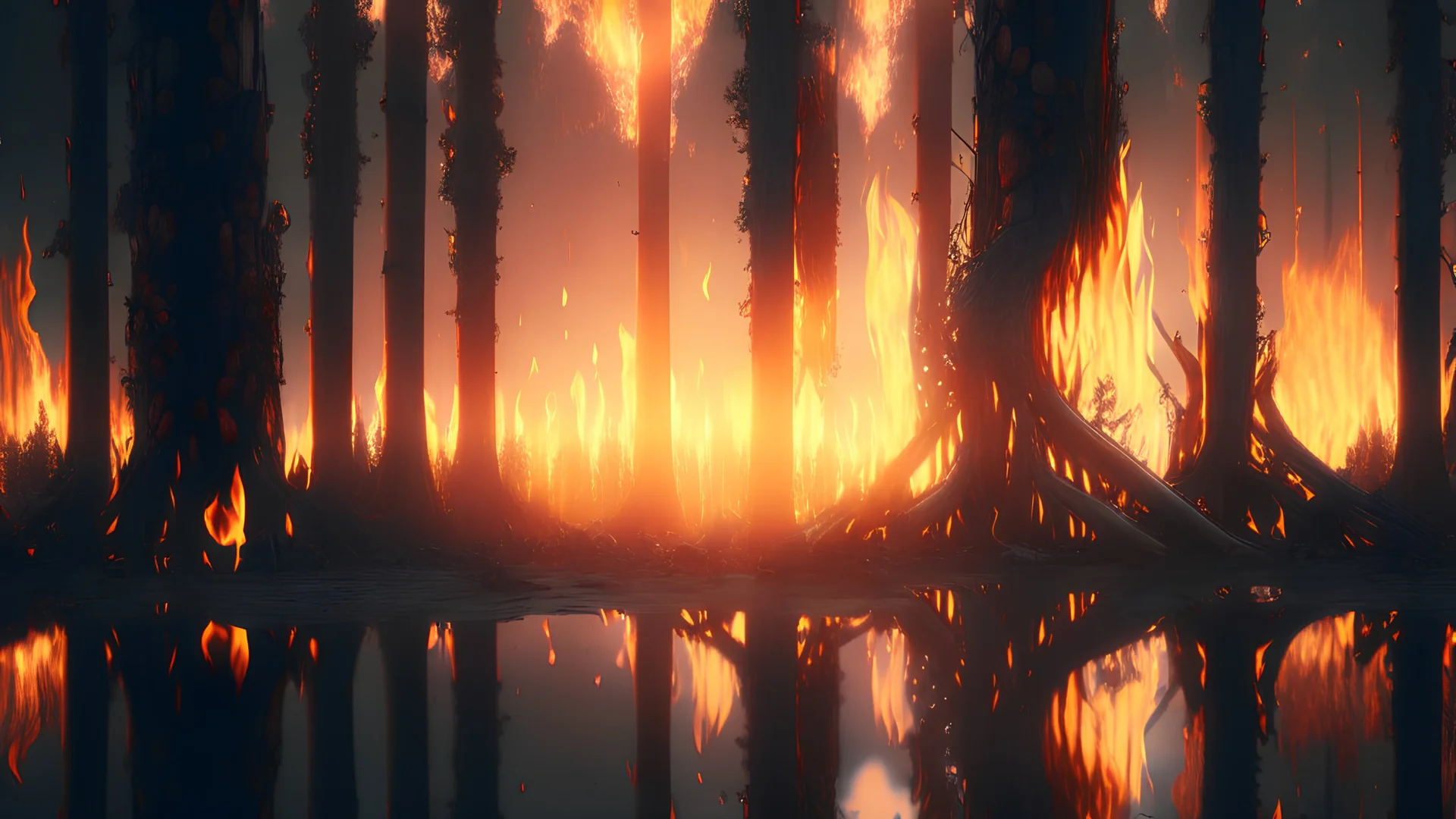 burning forest realistic, cyberpunk modern photorealistic, in the style of , Deviant art, sunlight, post-processing intricate details Octane elegant Unreal Engine cinematic fine details reflections