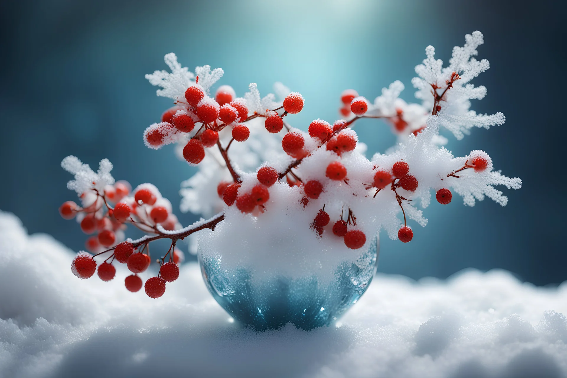 ikebana made of snow and ice with the inclusion of rowan berries, macro photography, macro photography, depth of field, soft focus, digital painting, polygonal graphics, ray tracing, glitter, 5D rendering, wallpaper, volumetric lighting, fantasy, lumen, aesthetically pleasing, beautiful, professional photo