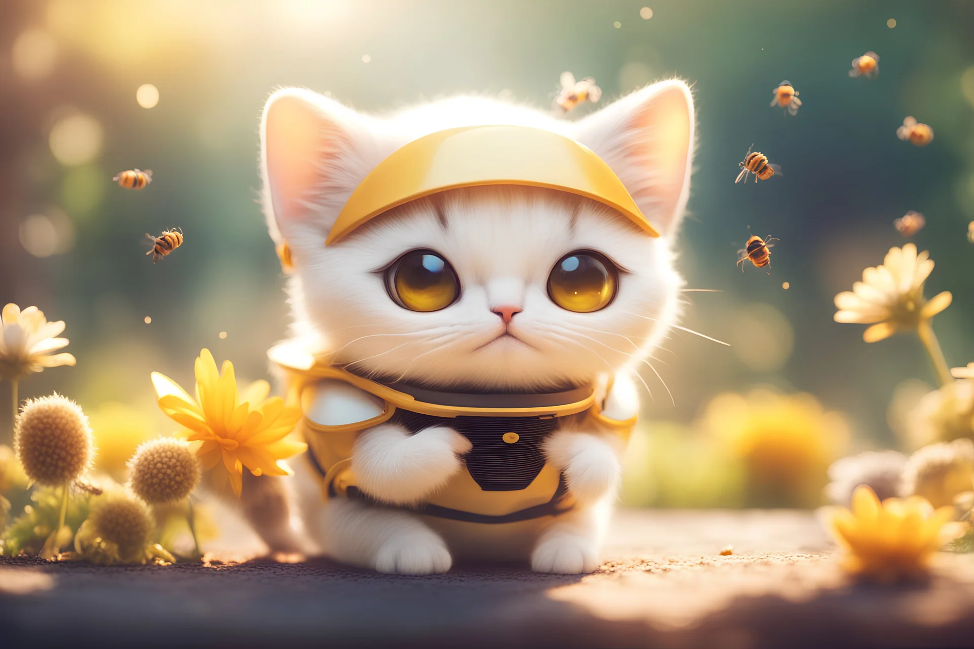 A cute chibi anime beekeeper cat, beehive, bees in sunshine, ethereal, cinematic postprocessing, bokeh, dof