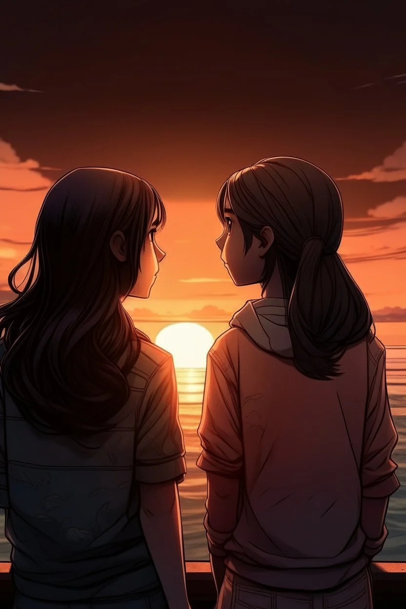 gün batımını izleyen 2 kız 2D biraz daha detaylı daha fazla detay ve 2d yüzleri hafif görünüyor yüzleri görünüyor farklı bir tarzda