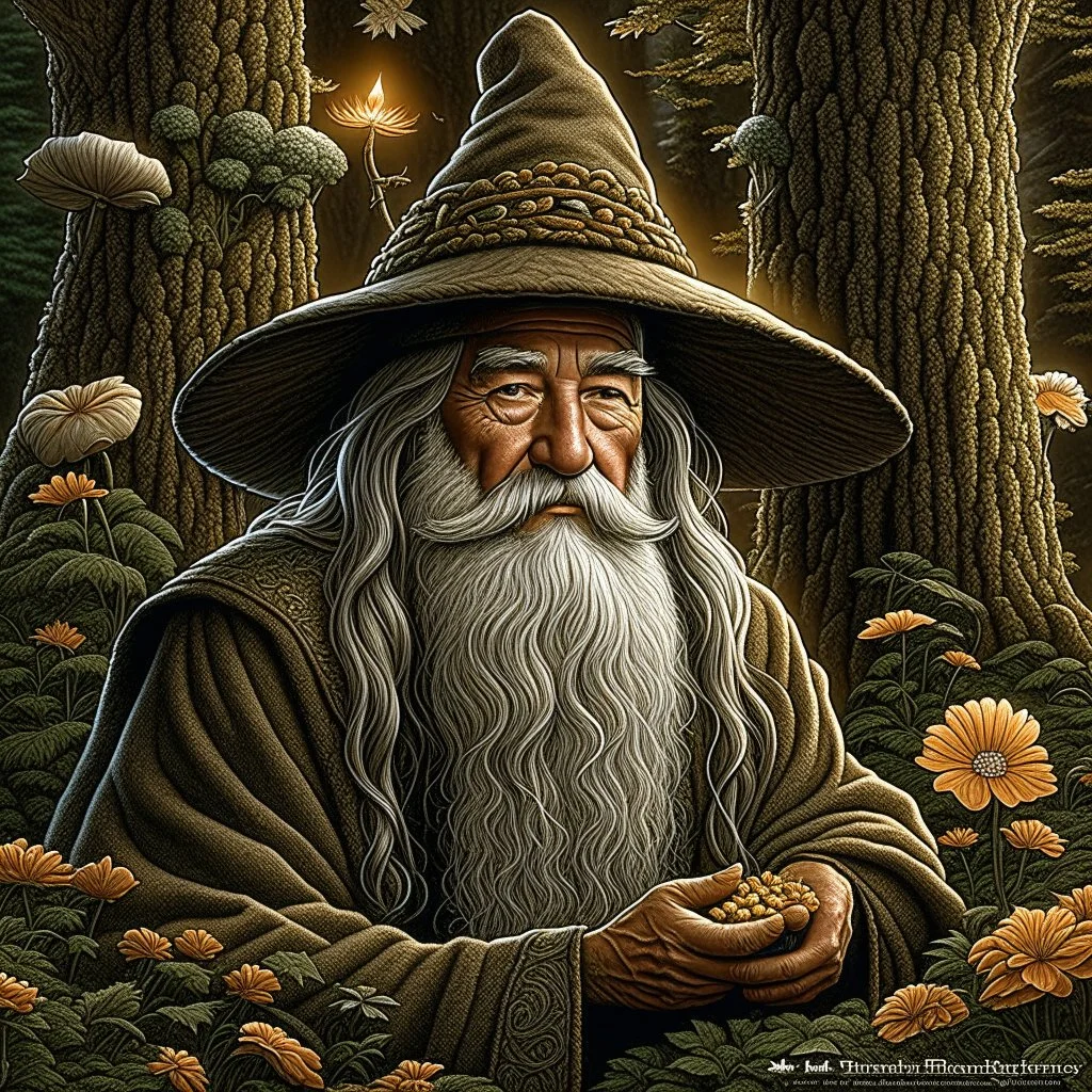 Gandalf, painted, digital painting, 24k, high resolution, highly detailed, cozy, forest with leafs, mushrooms and flowers, smooth, art by JOHN STEPHENS