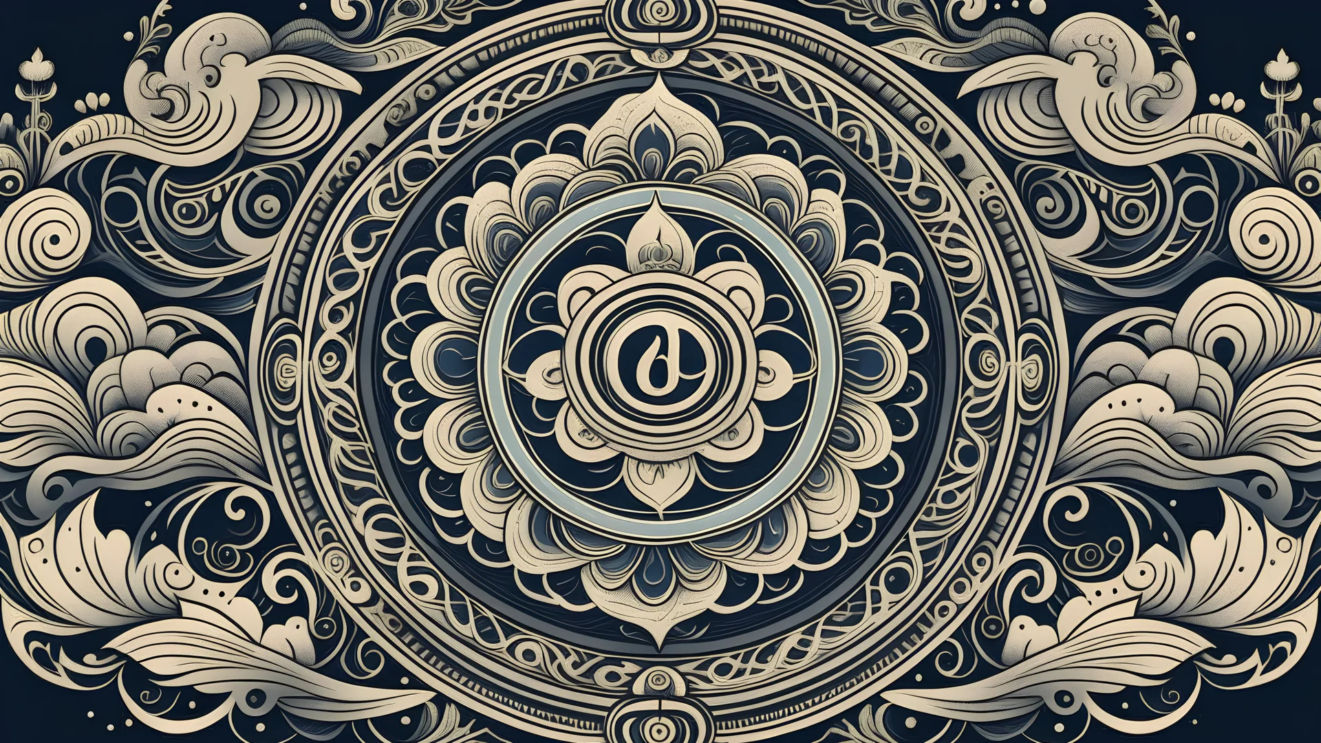 Generate a surreal wallpaper with an intricate design centered around the Om symbol from Hinduism, depicting a serene and captivating journey through a mythical landscape