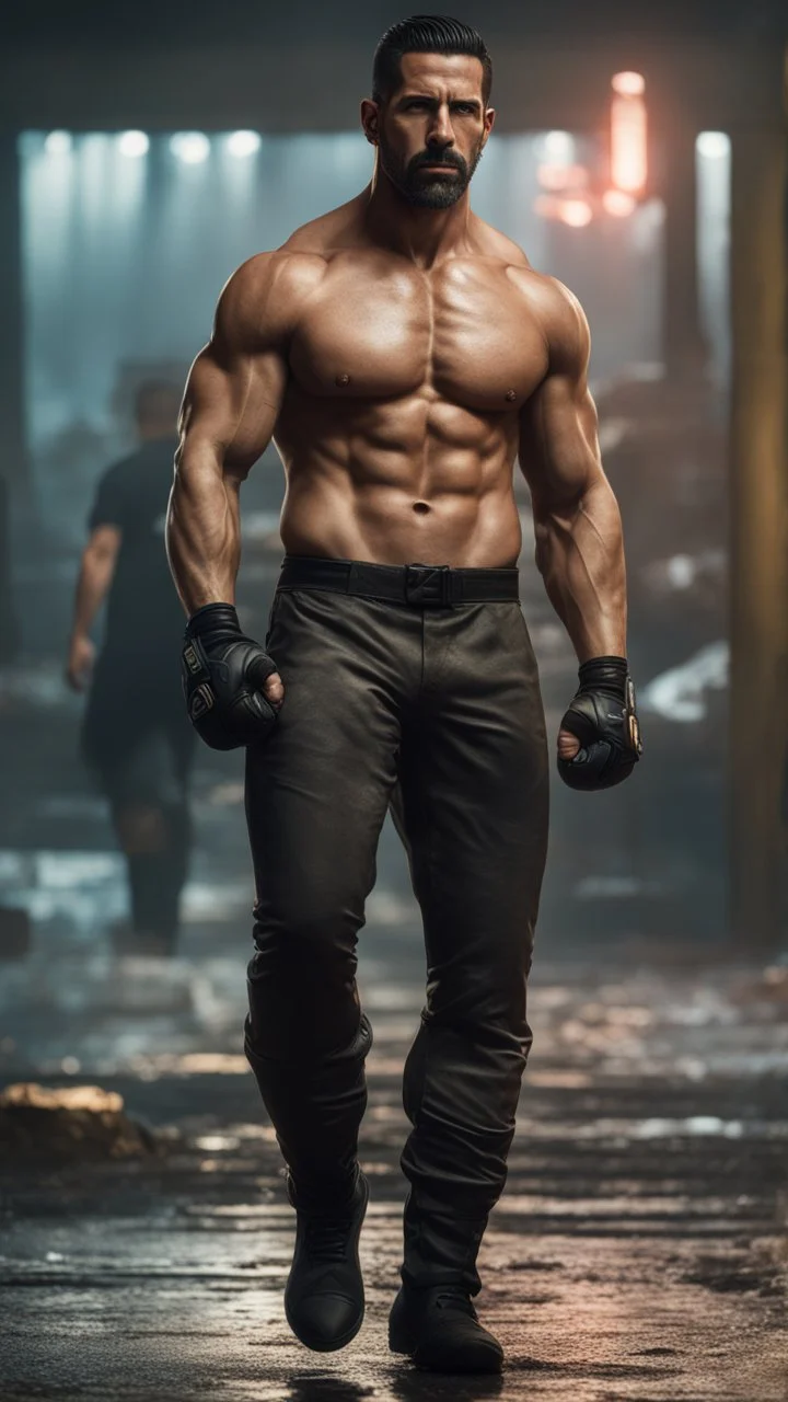 boyka in 8k anime artstyle, Scott Adkins model, neon effect, close picture, full body, apocalypse, intricate details, highly detailed, high details, detailed portrait, masterpiece,ultra detailed, ultra quality