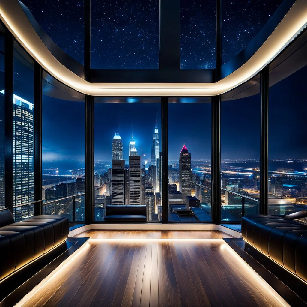 in luxury hall in top floor of skyscrapper in moder city at night sky, ,city scape at backgrownd