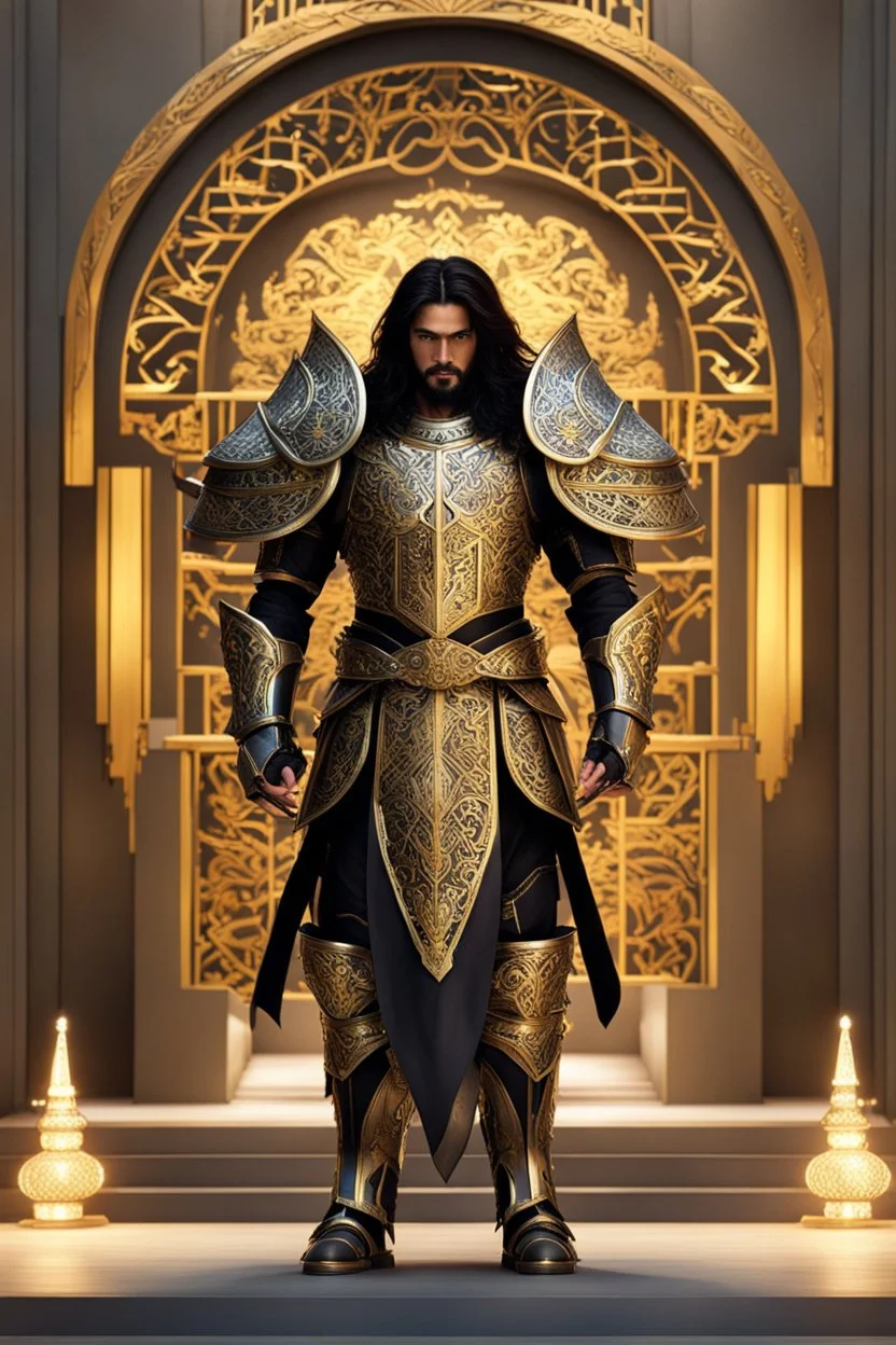 Facing Realistic photography,front_view, (1King man , looking at viewer), black long hair,traditional dress ornaments mechanical_armor, intricate armor, delicate golden filigree, intricate filigree, black metalic parts, detailed part, dynamic pose, abstrac background, dynamic lighting