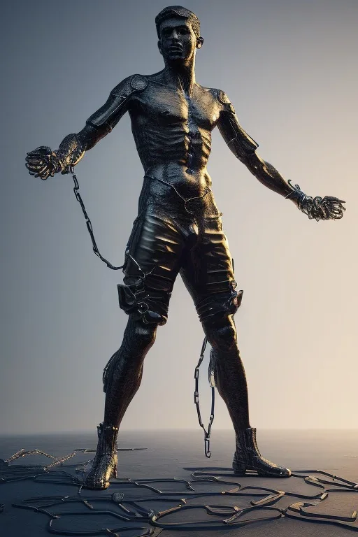 Full body Cyberpunk Greek statue of a man in chains , future classic, unreal engine, epic high details high quality