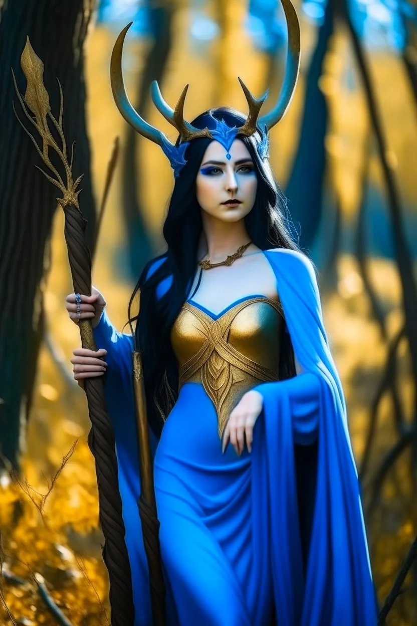 A picture of a beautiful blue faced Korean goddess with skin painted blue, blue body, blue torso, wild black hair, stag antlers, elven ears, golden skirt, holding a staff in a sunny forrest