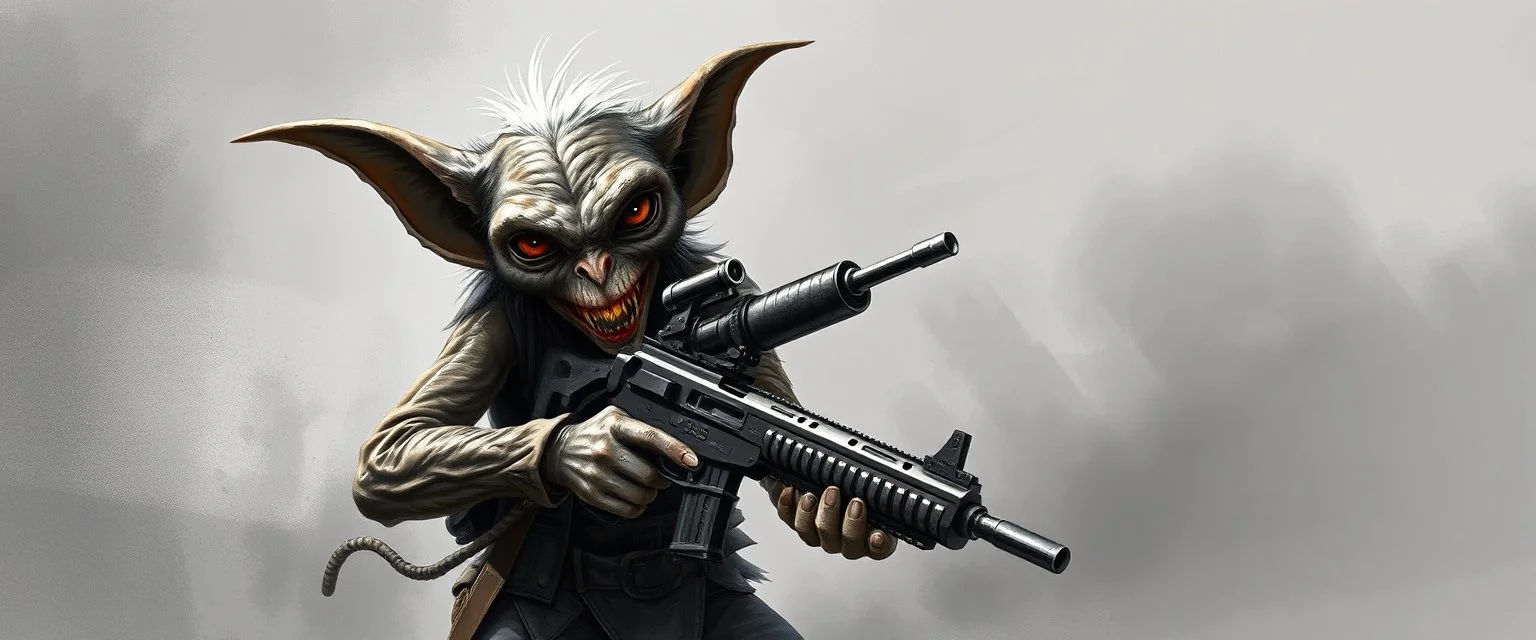 air brush 3d with pen outline, mongrel goblin gremlin holding uzi, charcoal fog border
