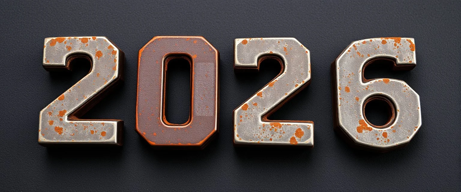 "2026" in squared block letters made of shiny and rusty metal on contrasting background