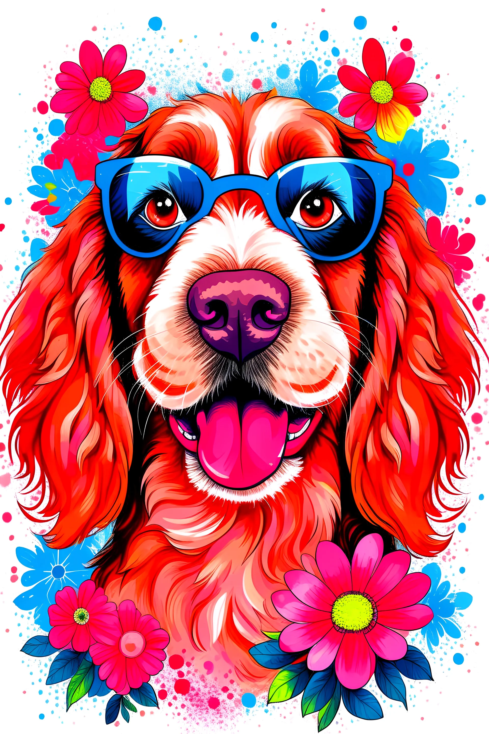 A detailed illustration of a happy Cocker Spaniel dog face, wearing trendy sunglasses, t-shirt design, flowers splash, t-shirt design, in the style of Studio Ghibli, pastel tetradic colors, 3D vector art, light background, cute and quirky, fantasy art, watercolor effect, bokeh, Adobe Illustrator, hand-drawn, digital painting, low-poly, soft lighting, bird's-eye view, isometric style, retro aesthetic, focused on the character, 4K resolution, photorealistic rendering, using Cinema 4D