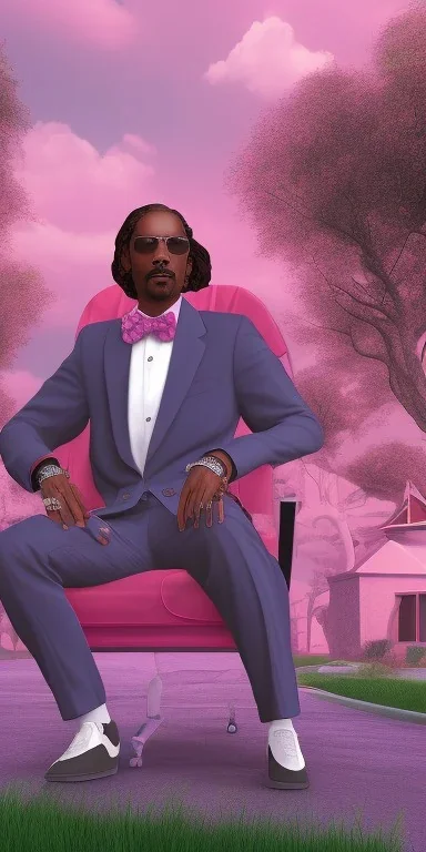 Snoop dogg, sitting. a chair. pink houses, pink sky, pink smoke, trees, outdoors. Groove street. 28mm