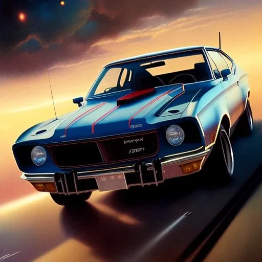 hyperrealism Drawing of '1973 XB GT Ford Falcon' three quarter frontal aerial view, by gaston bussiere, greg rutkowski, yoji shinkawa, yoshitaka amano, tsutomu nihei, donato giancola, tim hildebrandt,oil on canvas, cinematic composition,Sharp detail,extreme detail,fit full head inside picture,16k