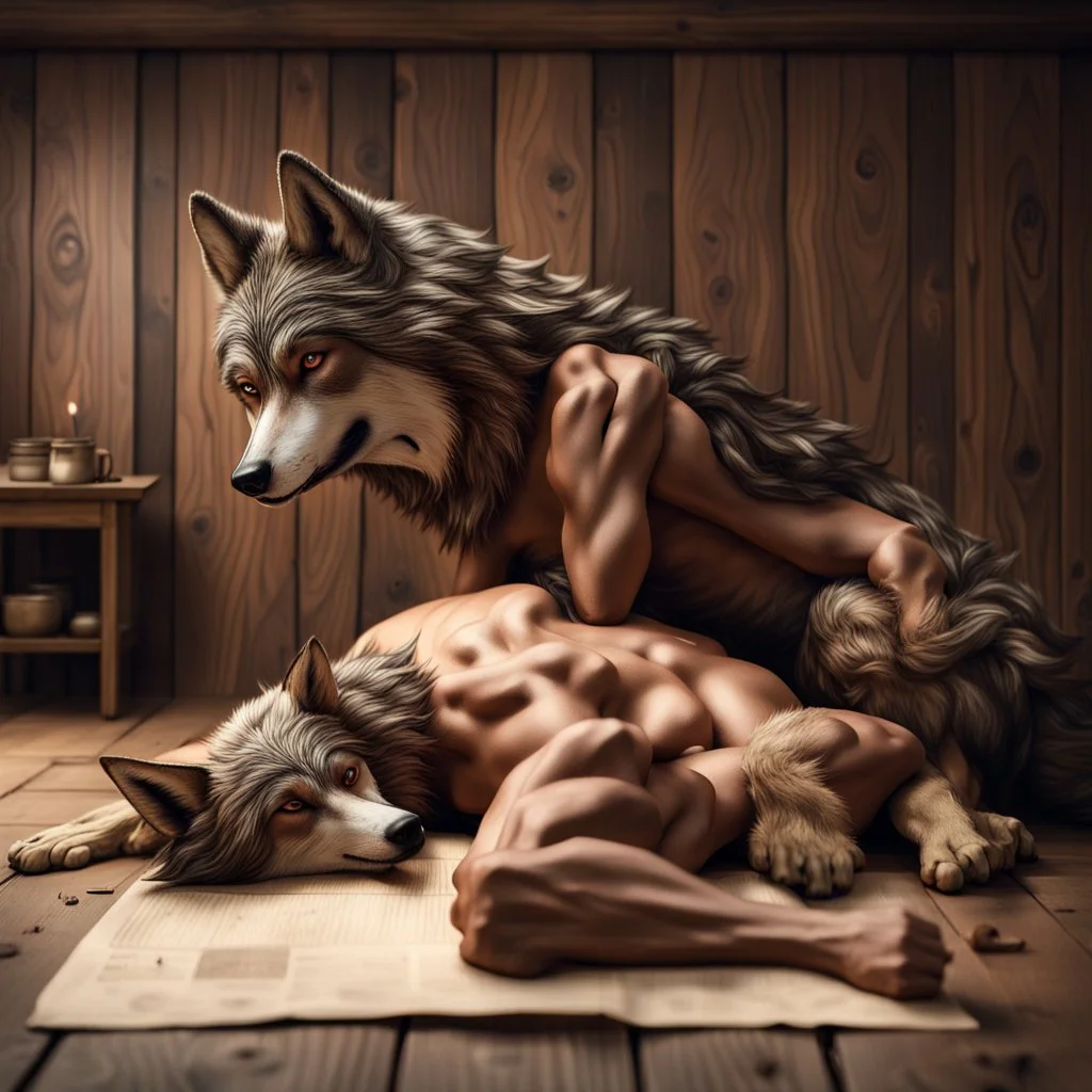 an anthropomorphic wolf in brown bodyhair lying on stomach and an younger anthropomorphic wolf massage his back. The background rustic wooden room features wooden walls with a few pinned papers . relaxed mood, realistic, detailed, cinematic, dark fantasy style