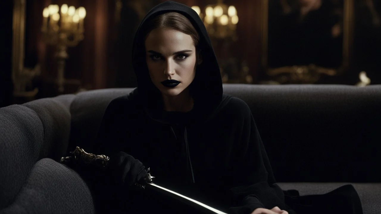 [Legend (1985)] Natalie Portman as Dahlia Death, she is a pale brunette with black lipstick clad in a dark agent provocateur dress with a hoodie and a scythe. She sits on a sofa in a dark mansion