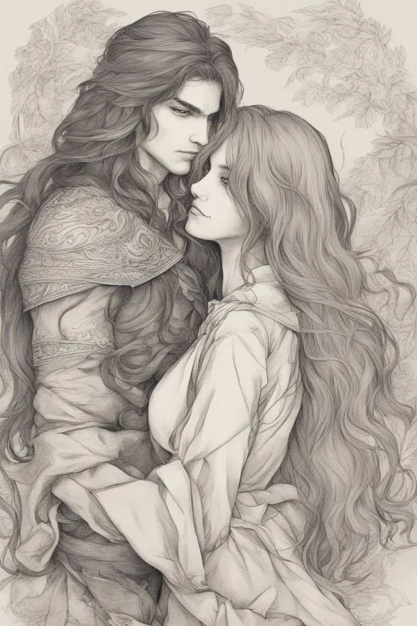 Dnd style, Young man hugging a woman with long hair from behind