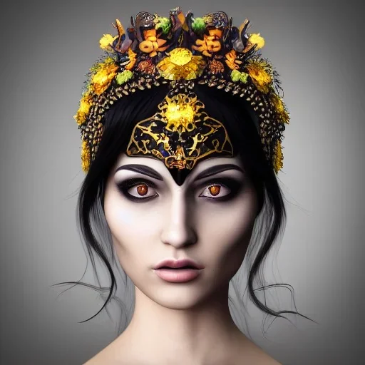 dark fantasy character face intricate flower headgear ultra sharp illustration digital cgi