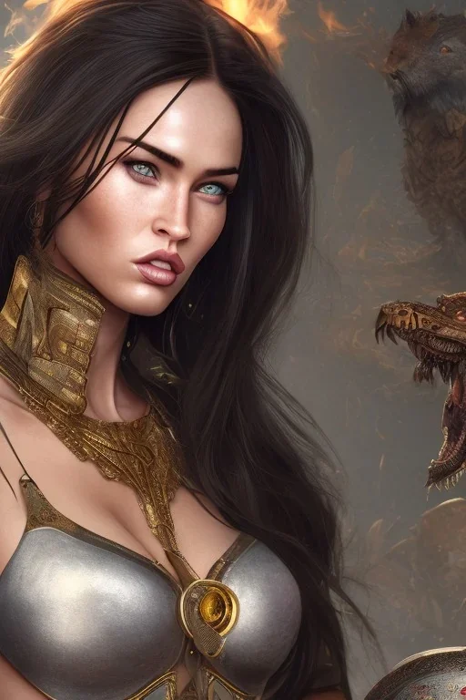 Perfect face megan fox, warrior clothes, highly detailed face, highly realistic, dog, fire, particles