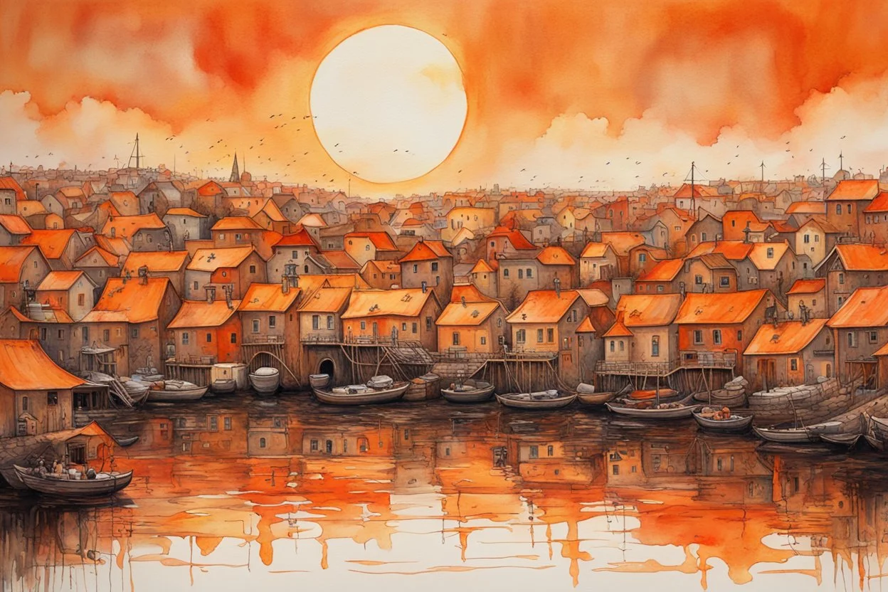 whimsical fishing village made up of entirely orange color, Orange Monochrome color scheme, hyperdetailed orange watercolor reminiscent of Alexander Jansson, variant orange hues creating contrast between the orange houses lined up on shore, orange sun casting its orange concentric rings onto the village and reflecting off the water, incredible contrast, different contrasting textures, orange sky, orange water, smooth, reflective, rhymes with orange.