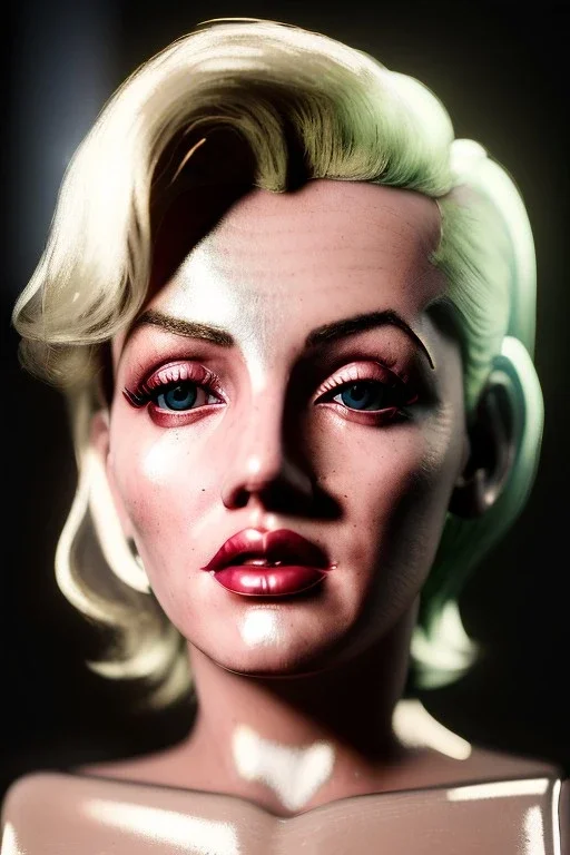 Ultra Realistic image, portrait, blonde woman, sweet Marylin Monroe face, perfect iris, glow eyes, glow makeup. Cyberpunk style, latex coat, fog, rain, soft color, highly detailed, unreal engine 5, ray tracing, RTX, lumen lighting, ultra detail, volumetric lighting, 3d, finely drawn, high definition, high resolution.