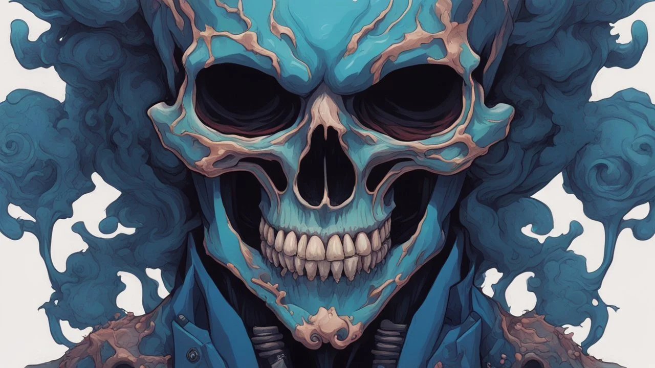 a close up of a person with a skull on their head, blue and black colors, anime skull portrait man, scary detailed art in color, hiroyuki-mitsume takahashi, nychos art aesthetic, half man half skeleton, anime cyberpunk art, colored manga art, rossdraws pastel vibrant, hot colors. insanely detailed, beautiful anime portrait, stunning anime face portrait, scary art in color