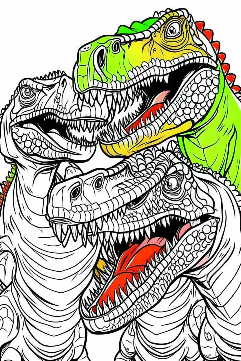 create a coloring page, white background Show a group of young T-Rexes performing territorial rituals, such as head-butting or displaying their impressive size to assert dominance within their social group ink drawing clipart, simple line illustrations, colored